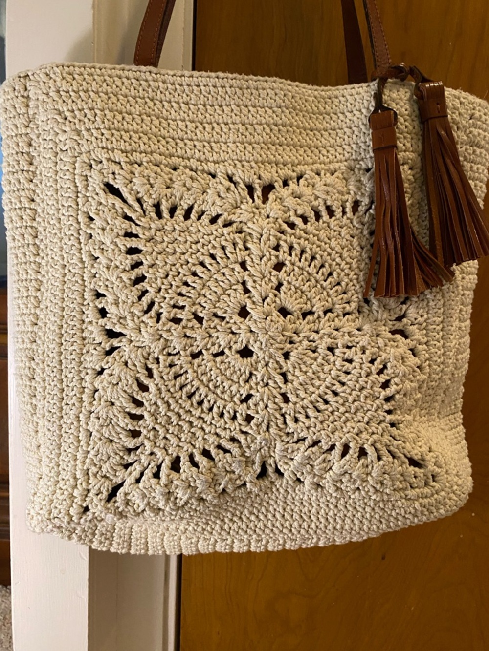 Neutral Crochet Tote Bag with Brown Tassel Straps - Patricia Nash. - Picture 2 of 12